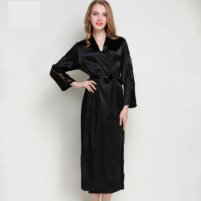 Fashion Ladies Pajamas Imitation Silk Nightgown Lace Sexy Long Nightgown Bathrobe - Mubimart