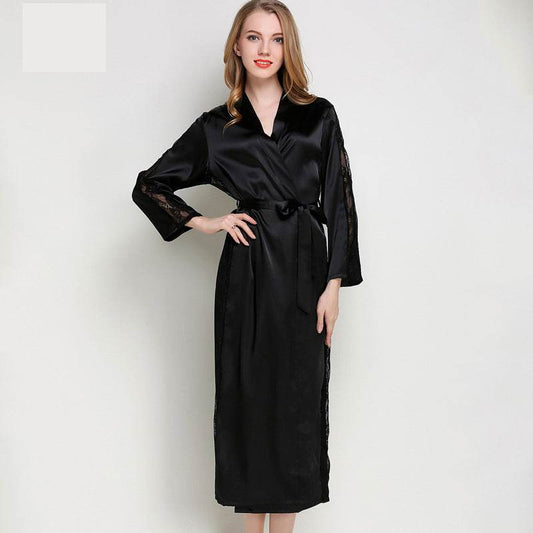 Fashion Ladies Pajamas Imitation Silk Nightgown Lace Sexy Long Nightgown Bathrobe - Mubimart
