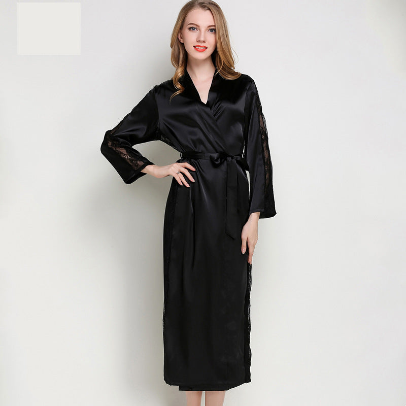 Fashion Ladies Pajamas Imitation Silk Nightgown Lace Sexy Long Nightgown Bathrobe - Mubimart -  