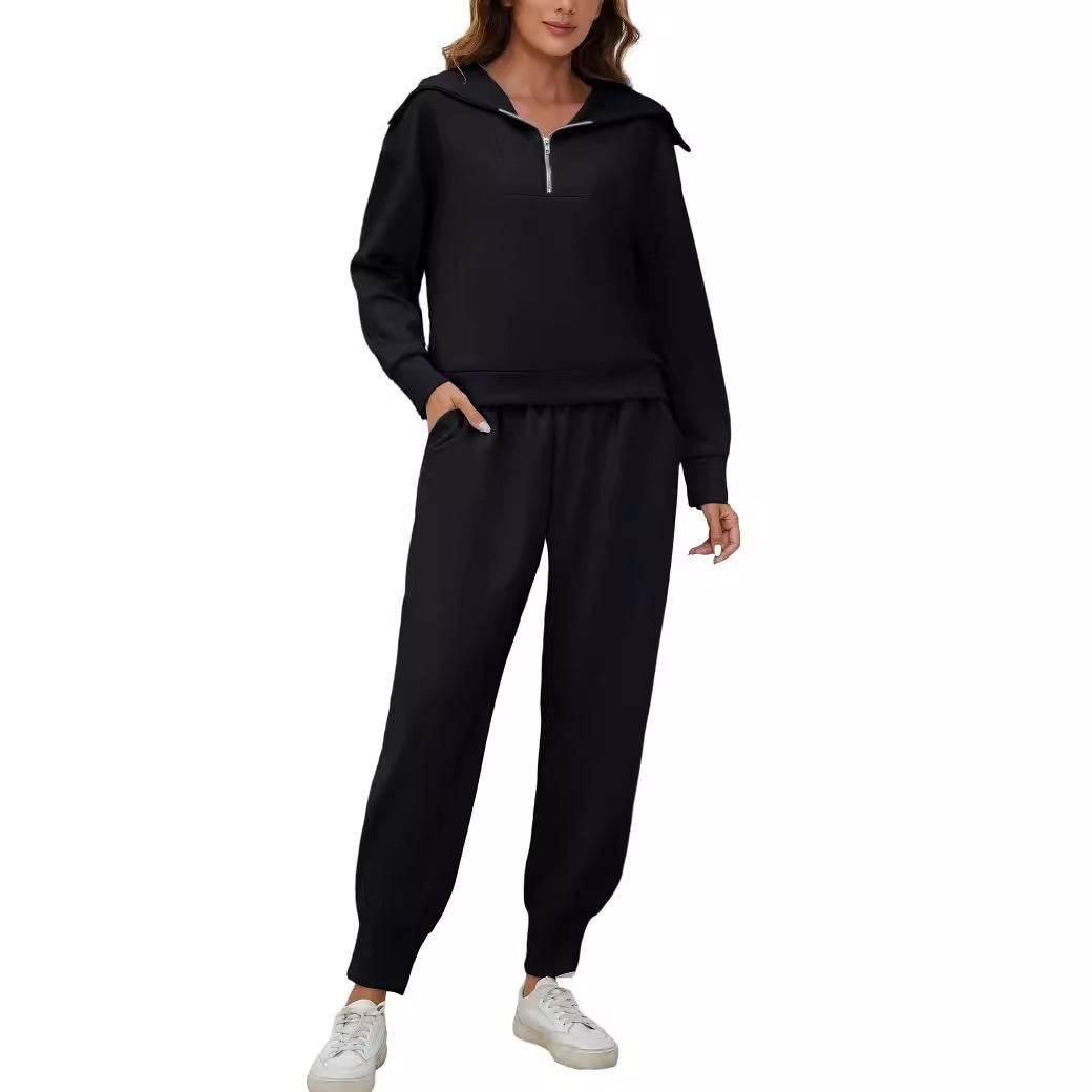 Long Sleeve Lapel Sweatshirt High Waist Workout Pants Two-piece Set - Mubimart