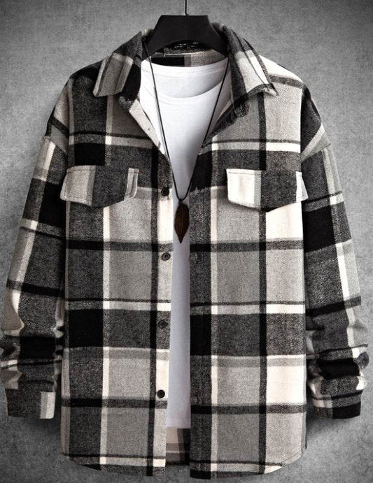 FallWinter Slim Brushed Plaid Long Sleeve Flannel Shirt Men - Mubimart