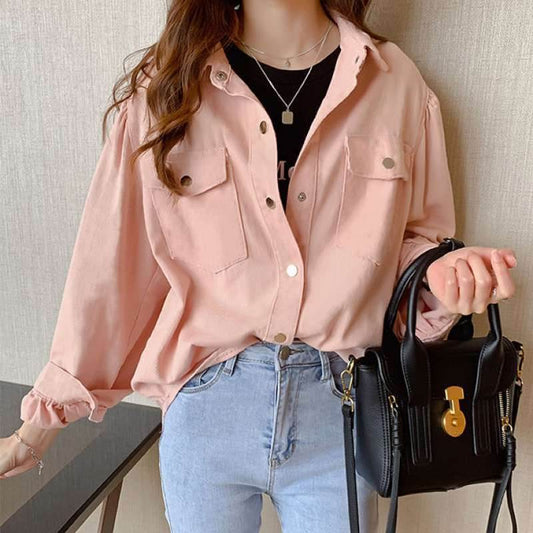 Blouses Shirts Women Spring Pockets Long Sleeve Fashion Solid Korean - Mubimart
