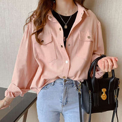 Blouses Shirts Women Spring Pockets Long Sleeve Fashion Solid Korean - Mubimart -  