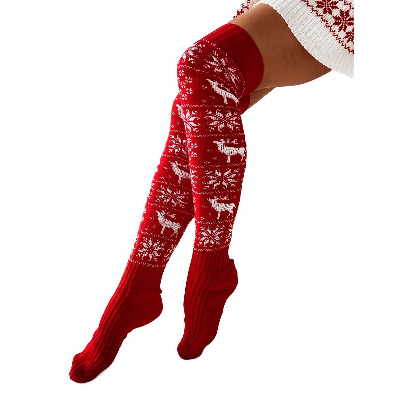 Women Long Socks Christmas Women Knitted Cotton Woolen Stocking Warm Thigh High Over The Knee Cute Deer Printing Socks Twist Cable Crochet - Mubimart