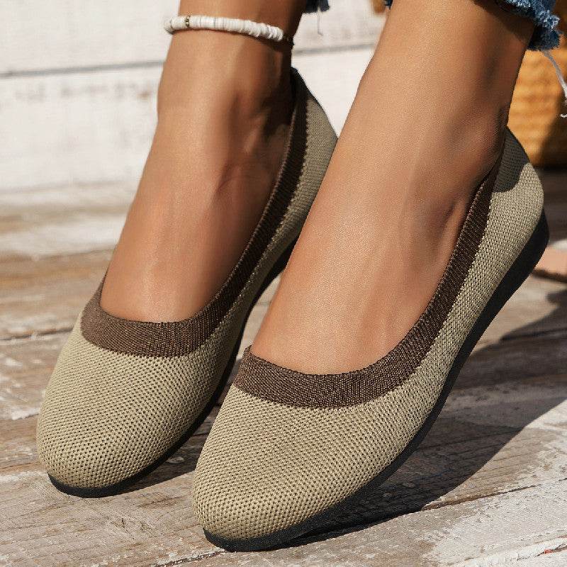 Knit Breathable Low-cut Pumps Flat Round Toe Slip-on Flying Woven Lazy Work Shoes - Mubimart