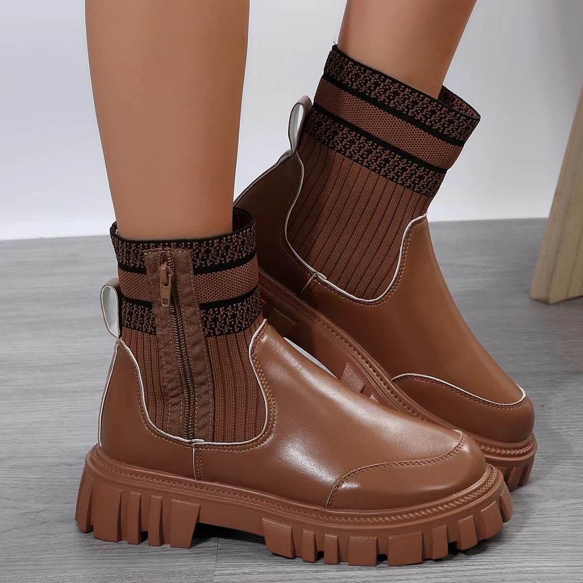 Fashion Mid-tube Boots With Zipper Design Non-slip Thick Sole Elastic Knitted Patchwork Boots For Women Round Toe Shoes Winter - Mubimart