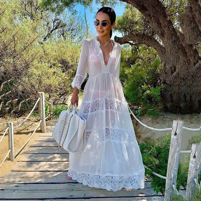 Women Crochet Beach Knitted Beach Cover Up Dress Tunic Long - Mubimart