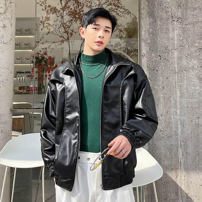Mens Fashion Lapel Short Biker Leather Jacket - Mubimart