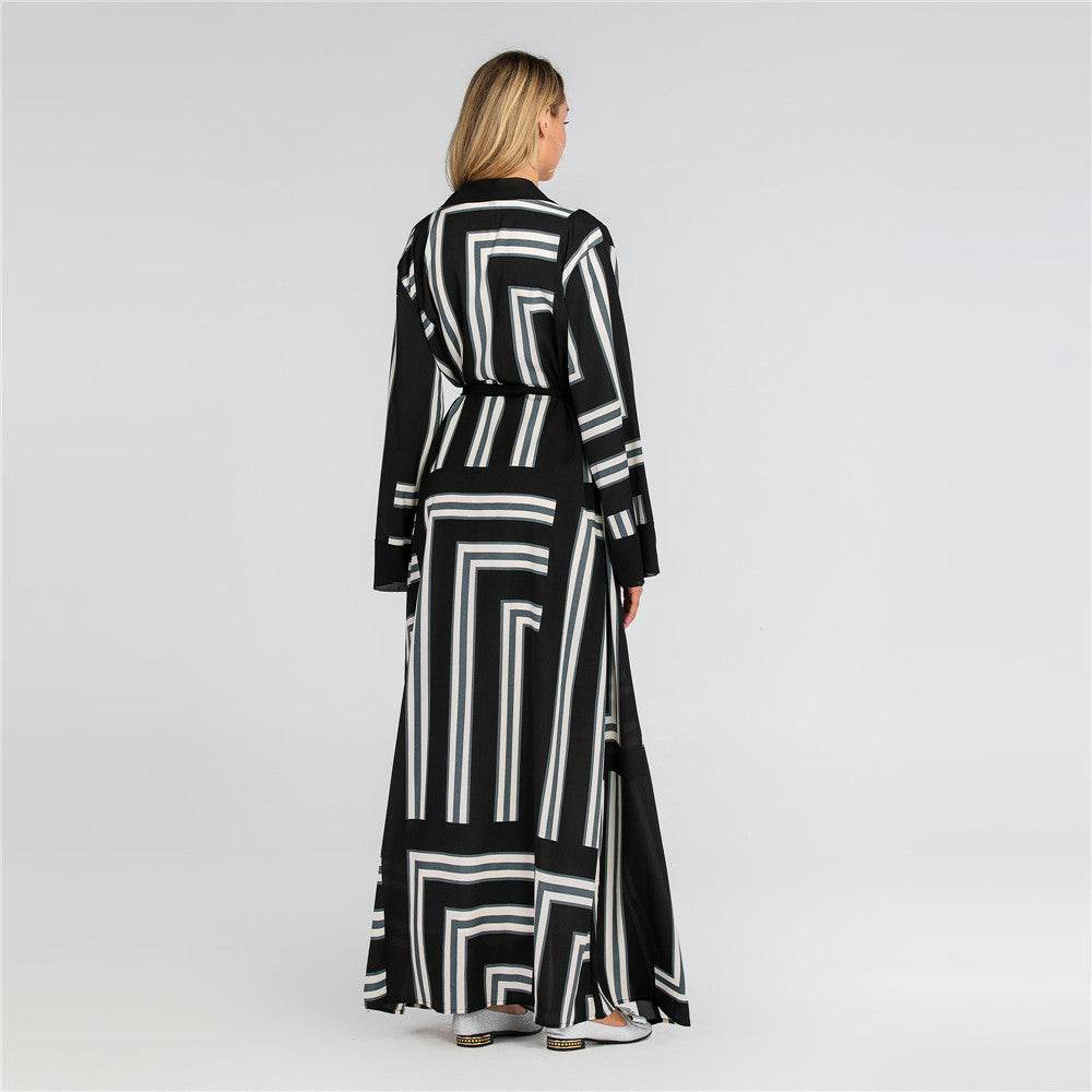 Striped Loose Lace Up Cardigan Robe Women - Mubimart