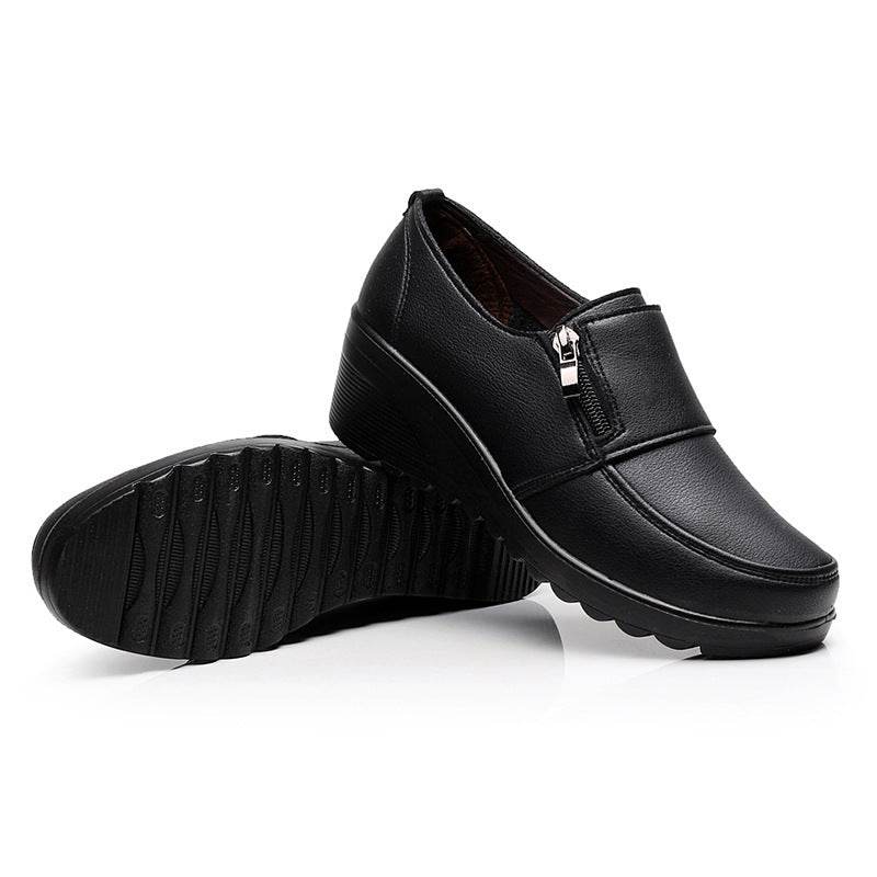 Spring And Autumn Mid Heel Soft Bottom Wedge Black Work Shoes - Mubimart