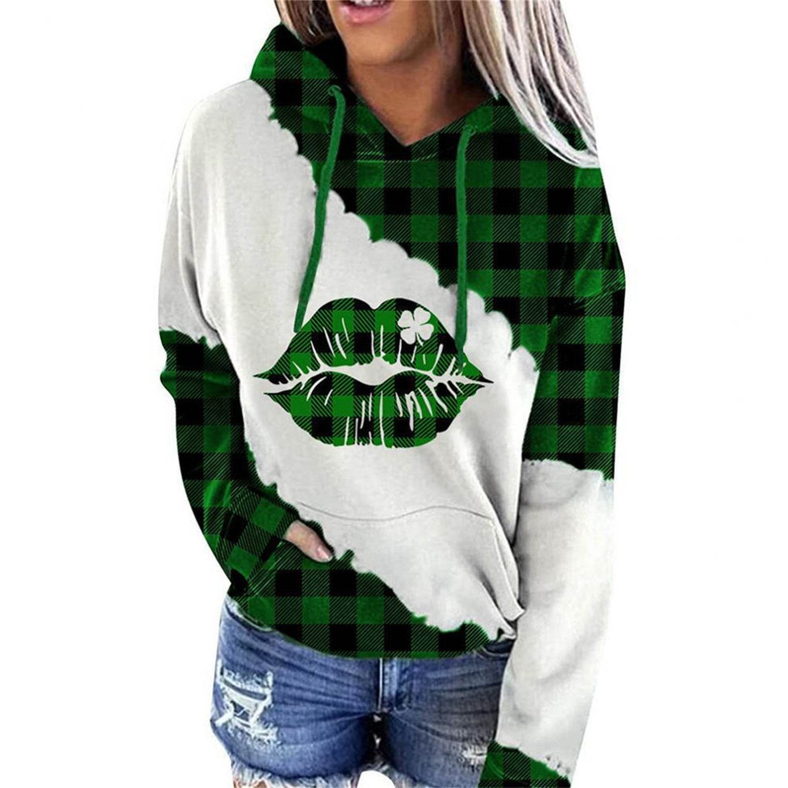 Women Sweatshirts Lucky Grass Print Streetwear Sweatshirts Hoodie Pullover Loose Casual Hooded Tops Clothes - Mubimart