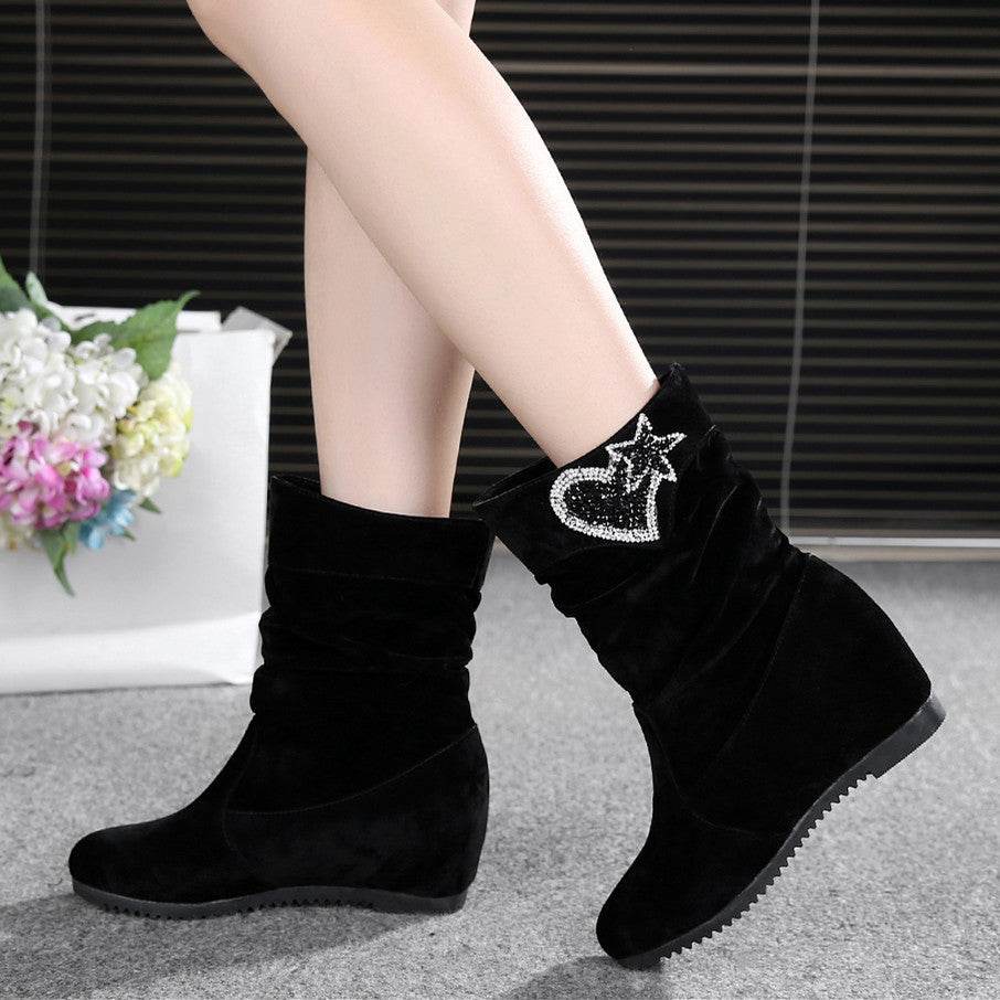 Women's Nubuck Wedge Long Suede Inner Booster Flat Tall Boots - Mubimart