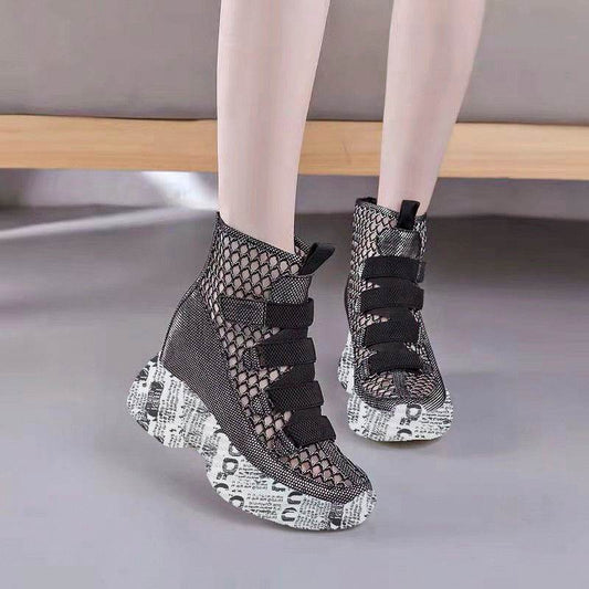 Mesh Hollowed Out Boots Breathable Thick Soled Wedge Heels Inside Heightening Women's Cool Boots - Mubimart