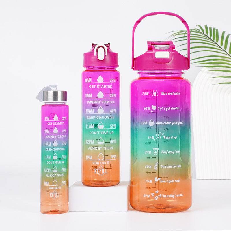 3-in-1 Gradient Color Motivational Water Bottles Set Plastic Straw Double Drink Translucent Outdoor Sports Bottle - Mubimart