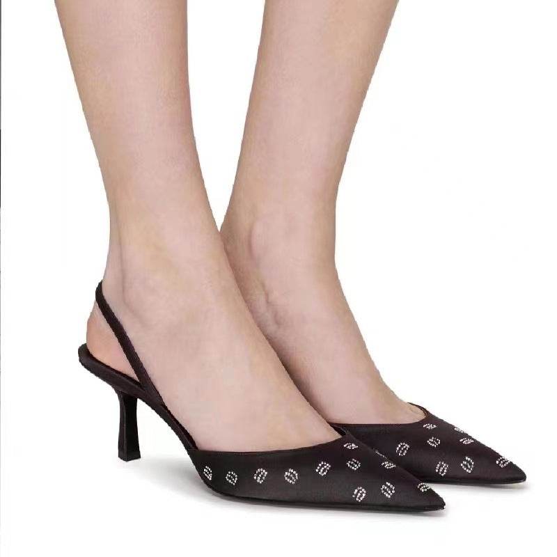 Rhinestone Letters Satin Slingback Pointed-toe Hollowed Stiletto Sexy High Heel Toe Box Sandals - Mubimart
