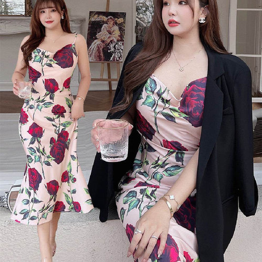 Rose Diagonal Cut Fishtail Slip Dress - Mubimart