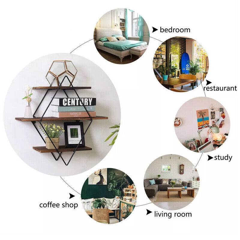 3 Tiered Floating Wall Mounted Display Shelf Wooden Shelves Black Frame Shelving - Mubimart