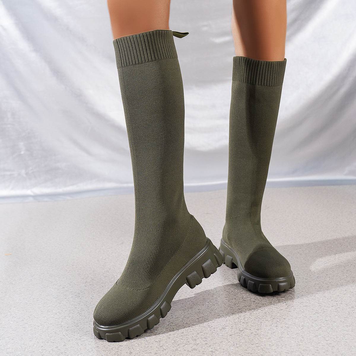 Women's Flyweaving Breathable Thick-soled Tall Skinny Boots - Mubimart