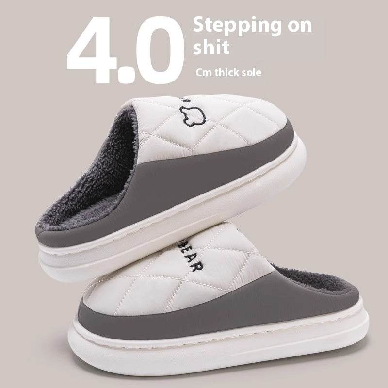 Rhombic Sewing Plush Slippers For Men Winter Warm Non-slip House Shoes Women's Bedroom Floor Home Slipper Couple - Mubimart