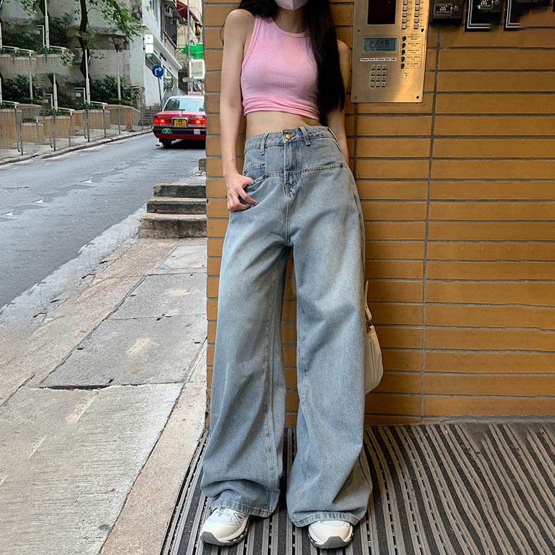 Retro Washed Loose Wide Leg Jeans For Women - Mubimart