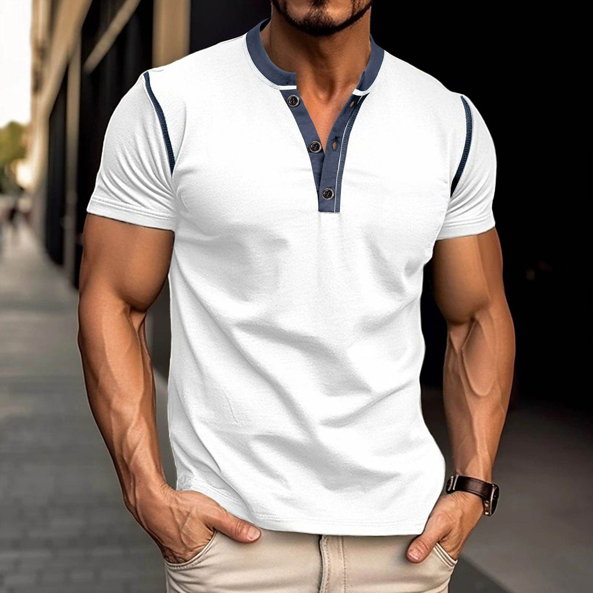 Fashion Short-sleeved Polo Shirt Summer Button V-neck T-shirt Tops Mens Clothing - Mubimart