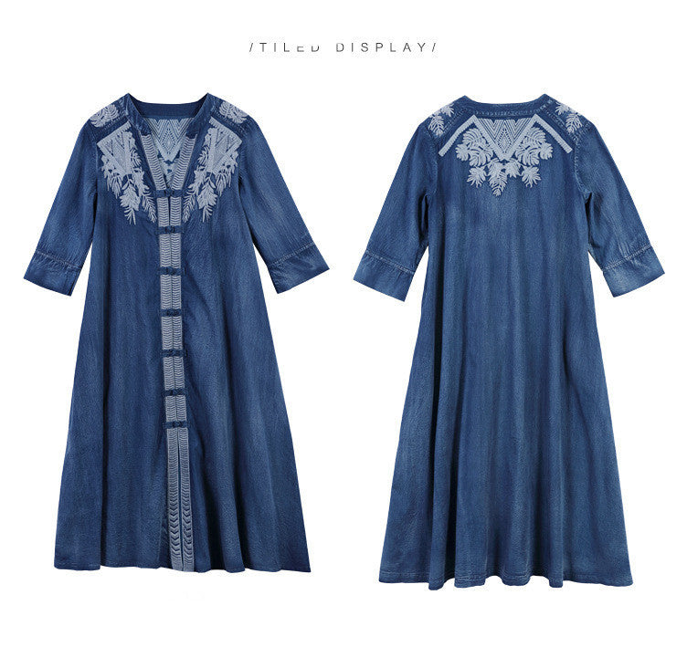 Embroidered Plus Size Women's Mid-sleeve Denim Dress - Mubimart -  