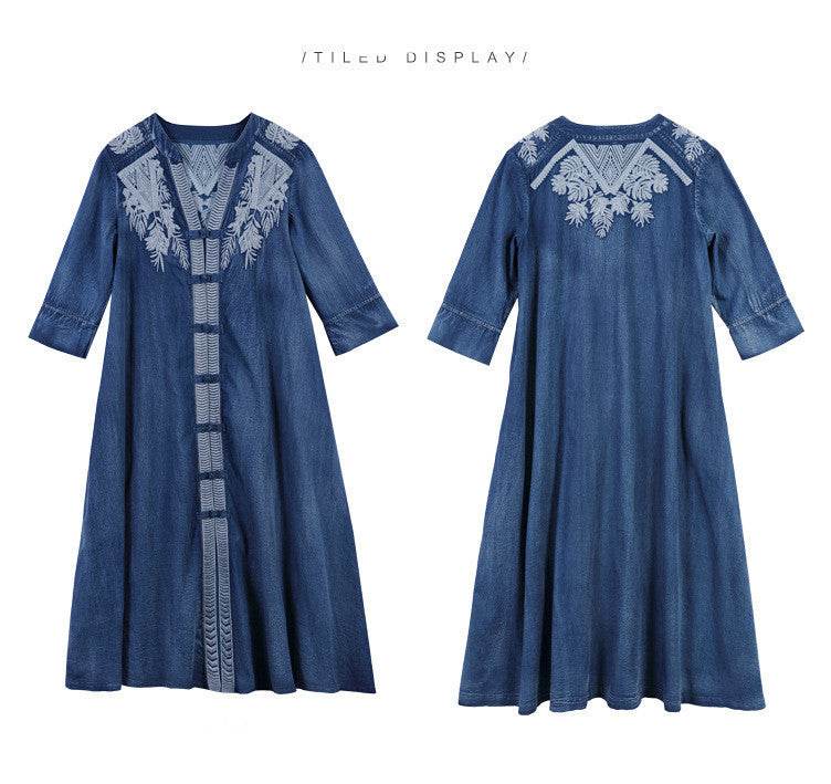 Embroidered Plus Size Women's Mid-sleeve Denim Dress - Mubimart