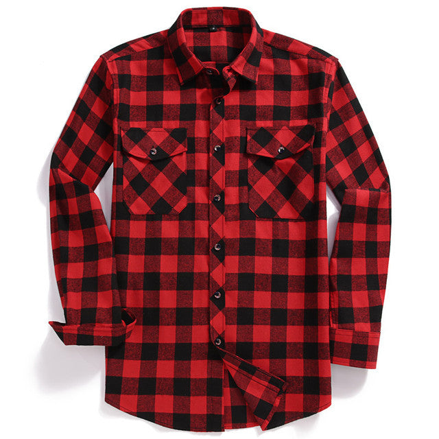 New Men Casual Plaid Flannel Shirt Long-Sleeved Chest Two