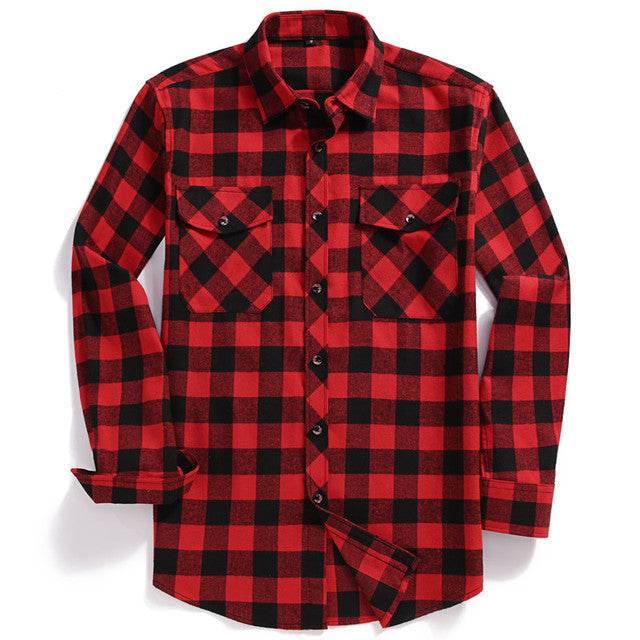 New Men Casual Plaid Flannel Shirt Long-Sleeved Chest Two - Mubimart