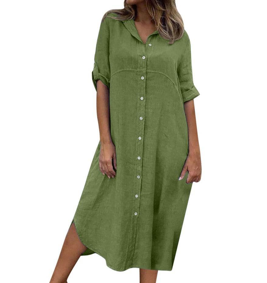 Plus Size Women's Cotton And Linen Shirt Dress - Mubimart