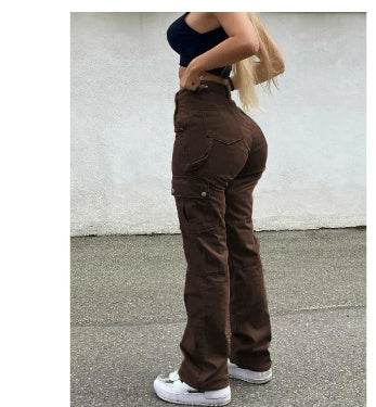 Straight Leg Cargo Pants Women High Waist Casual Baggy Pants - Mubimart