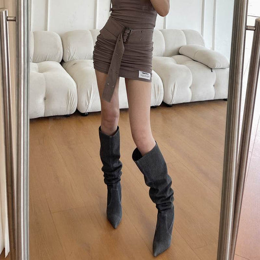 Retro Hot Girl Cowboy Boot Stiletto Heel Pointed Boots - Mubimart