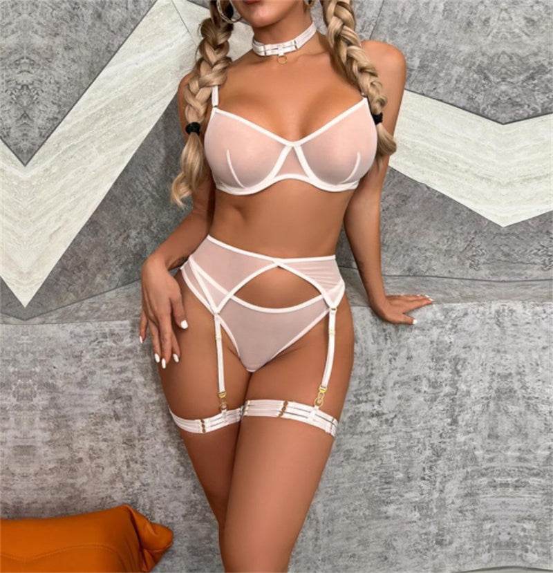 Ladies Mesh Lace Garter Belt Three Piece Set - Mubimart