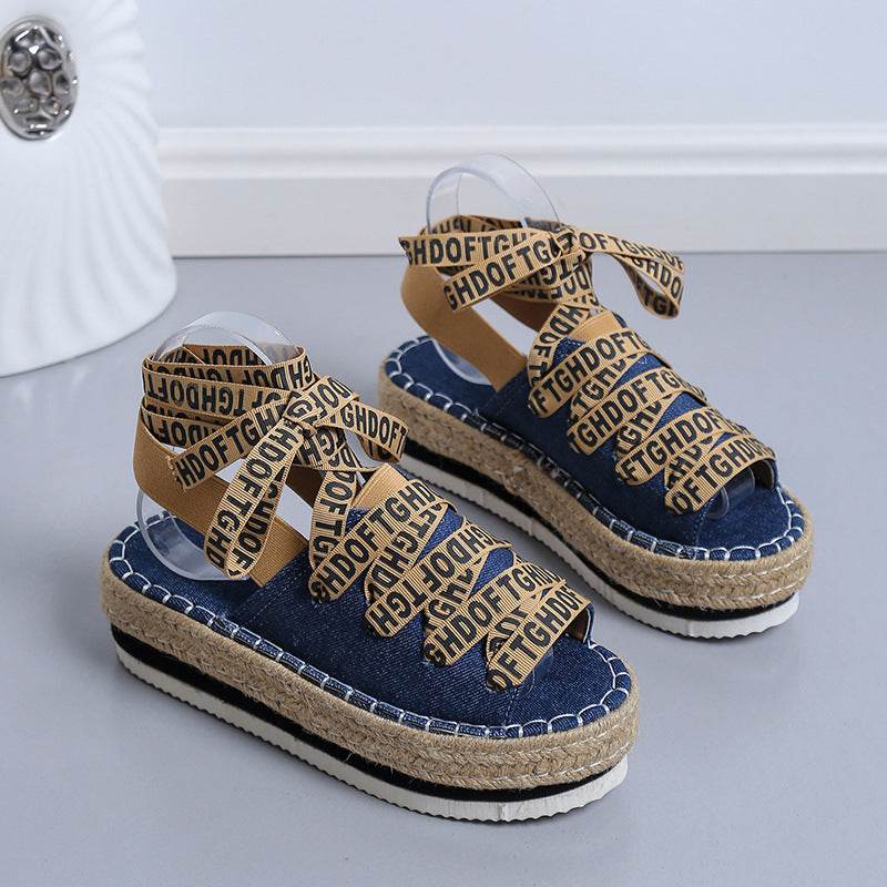 Women's Woven Thick Espadrille Lace-up Casual Shoes - Mubimart