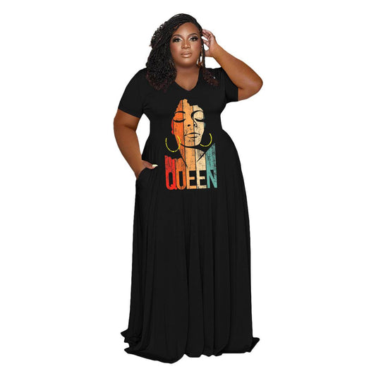 Women's Fashion Casual V-neck Plus Size Dress - Mubimart