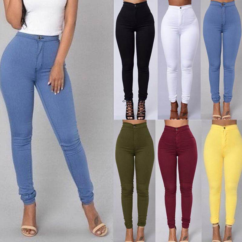 Casual Pants For Women High Waist Stretch Slim Trouser Skinny Candy Color Jeans - Mubimart