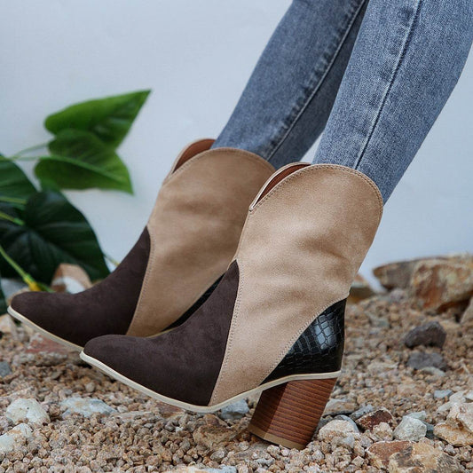 Fashion Splicing Suede Boots Retro Pointed-toe Square High Heel Mid-calf Boots For Women Fall And Winter Shoes - Mubimart
