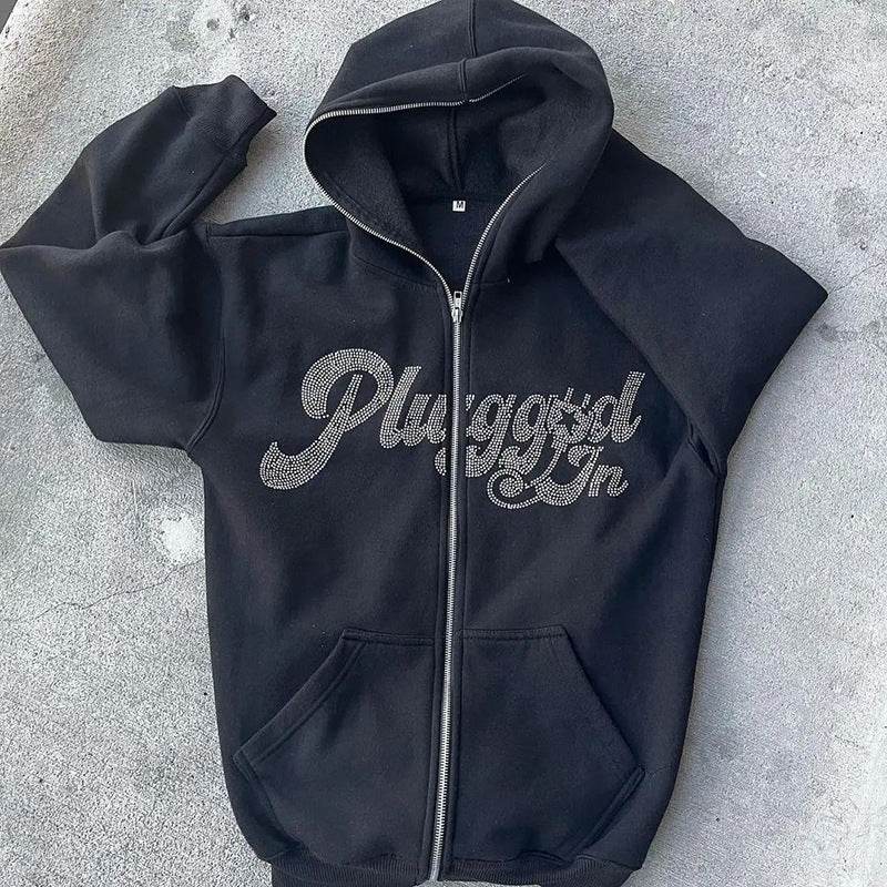 Fashion Men's Hoodies Letters Rhinestone Loose Cardigan Zipper Sweater - Mubimart