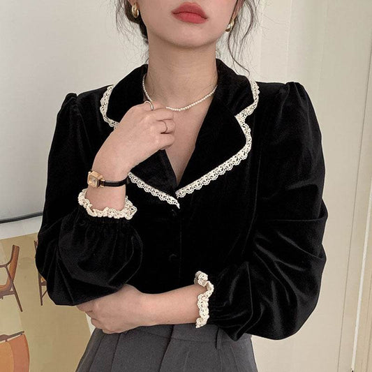Bubble Sleeve Velvet Blouse Top For Women - Mubimart