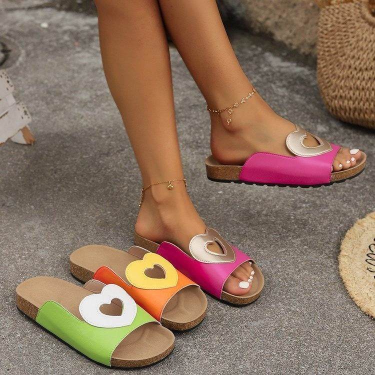 New Hollow Love Sandals With Heart-shape Design Fashion Summer Flat Slides Shoes Casual Vacation Beach Slippers For Women - Mubimart