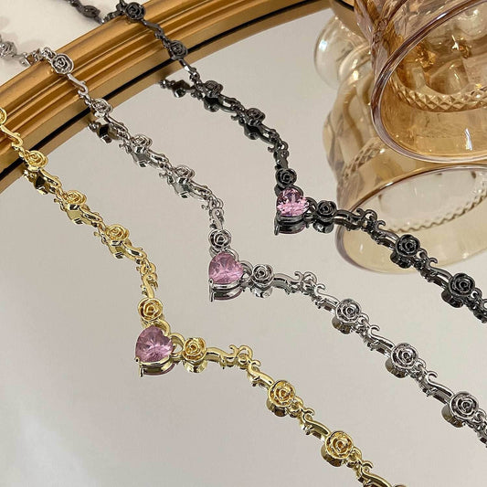 Rhinestone Love Rose Chain Necklace For Women - Mubimart