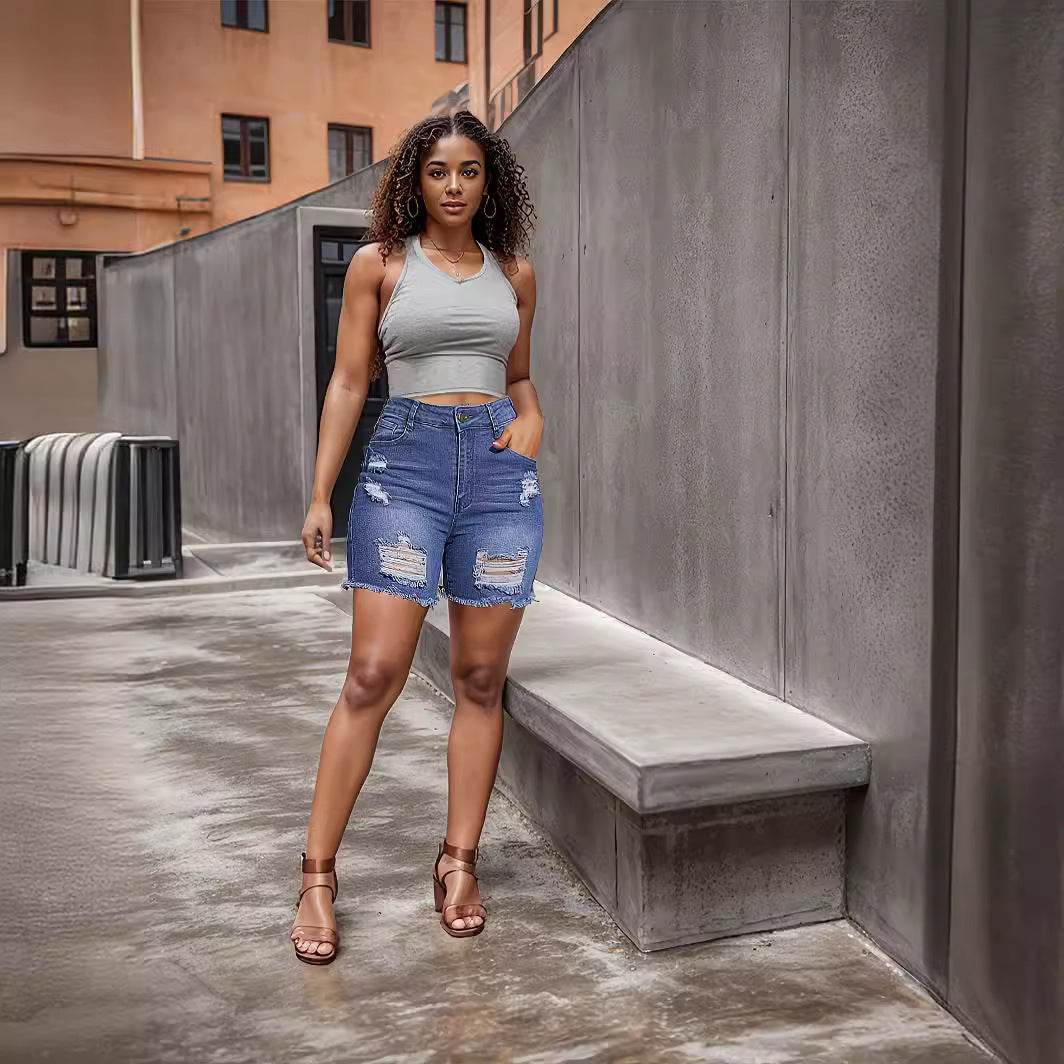 Denim With Hole Shorts For Women - Mubimart