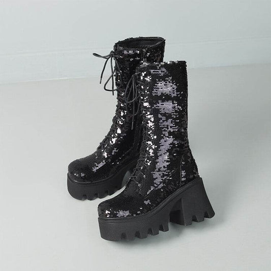 Sequins Mid-calf Martin Boots Round Head Front - Mubimart