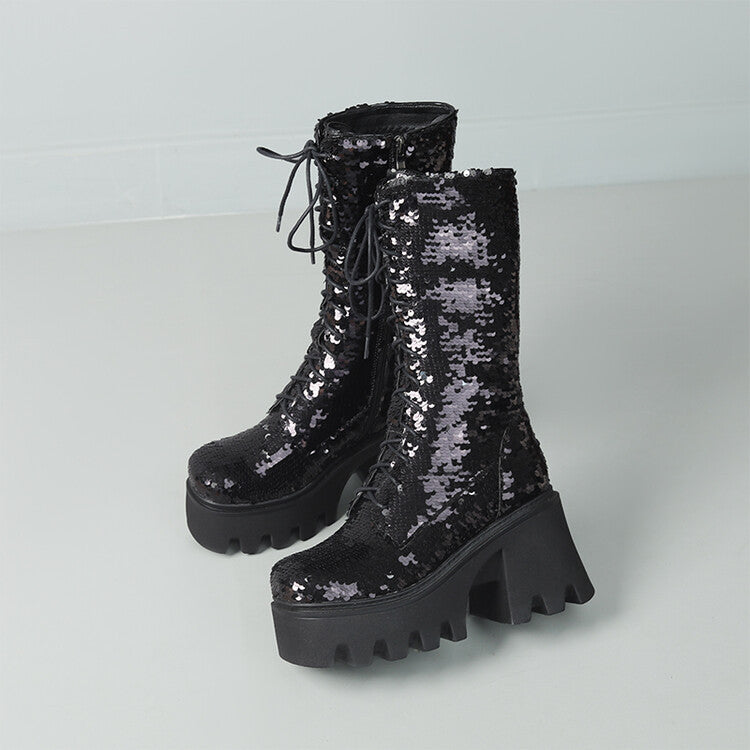 Sequins Mid-calf Martin Boots Round Head Front