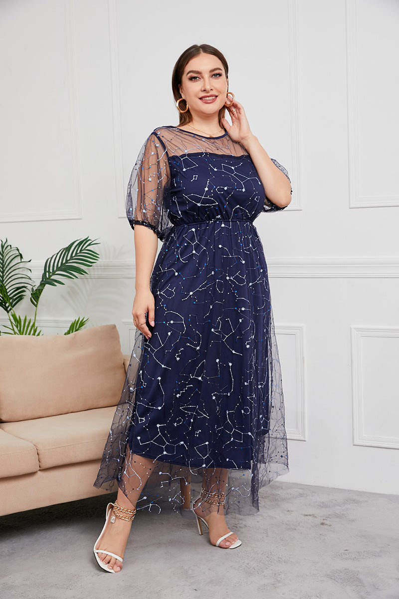 Plus Size Dress Evening Dress Women's Mesh Embroidered Midi Dress - Mubimart -  