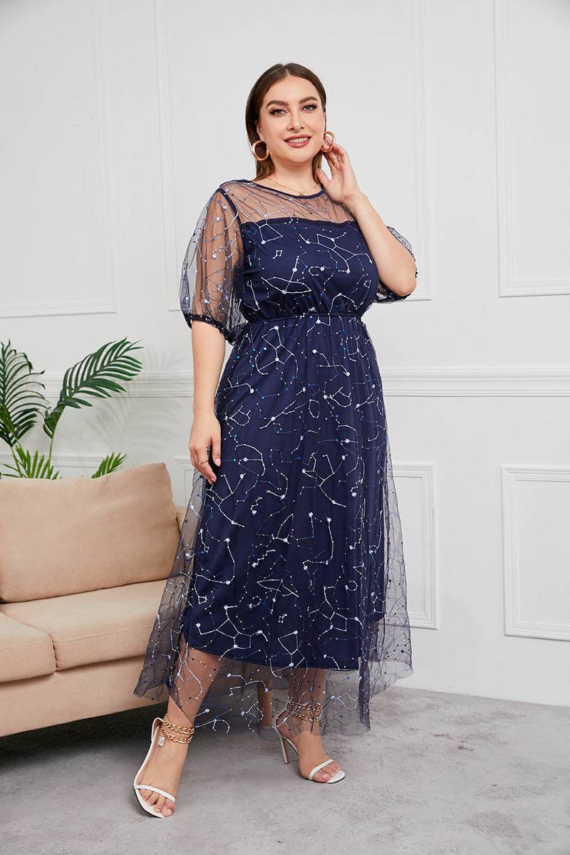 Plus Size Dress Evening Dress Women's Mesh Embroidered Midi Dress - Mubimart