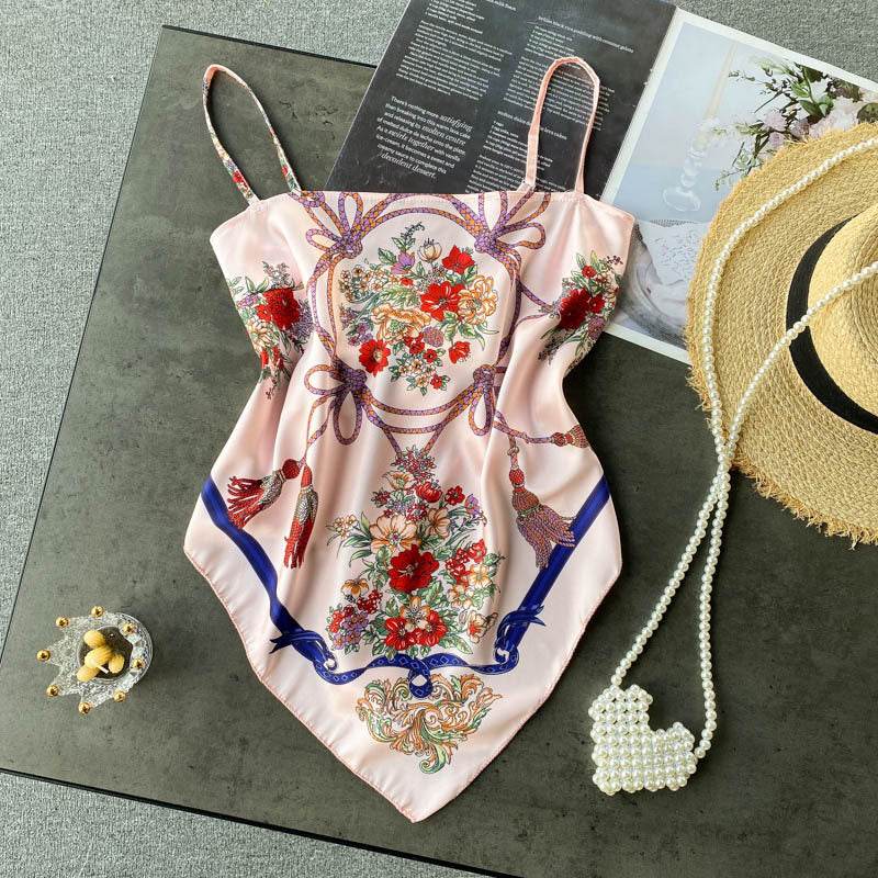 Abdominal Camisole Print Open-Back Top - Mubimart