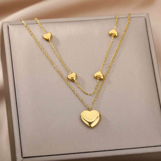 Fashion Jewelry Multilayer Heart Pendant Necklaces For Women Stainless Steel Chain Choker Zircon Moon Star Necklace Femme Wedding Jewelry Gift - Mubimart