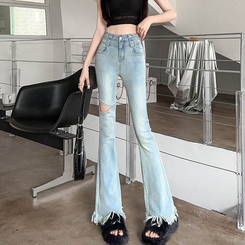 Fringed Burr Slightly Flared Jeans Women - Mubimart