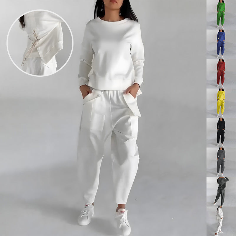 Solid Color Fashion Sweatshirt Long Sleeve Back Slit Top With Pockets Loose Trousers Women's Clothing - Mubimart - Sweatshirt 